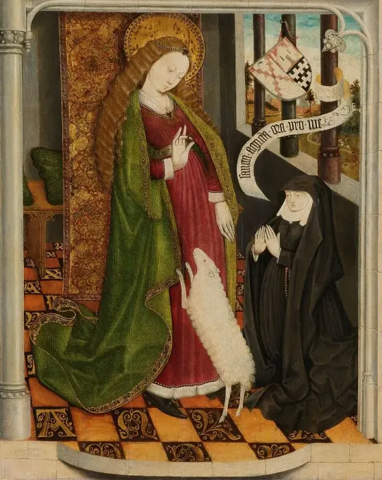Framed Print : Geertruy Haeck Kneeling in Prayer before Saint Agnes, c.1465. Creator: Anon Framed Print : Geertruy Haeck Kneeling in Prayer before Saint Agnes, c.1465. Creator: Anon