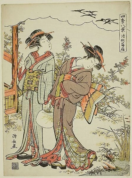 Geese Descending in Mid Autumn (Seishu no rakugan), from the series 'Eight Scenes... c. 1779. Creator: Torii Kiyonaga. Geese Descending in Mid Autumn (Seishu no rakugan), from the series 'Eight Scenes... c. 1779. Creator: Torii Kiyonaga
