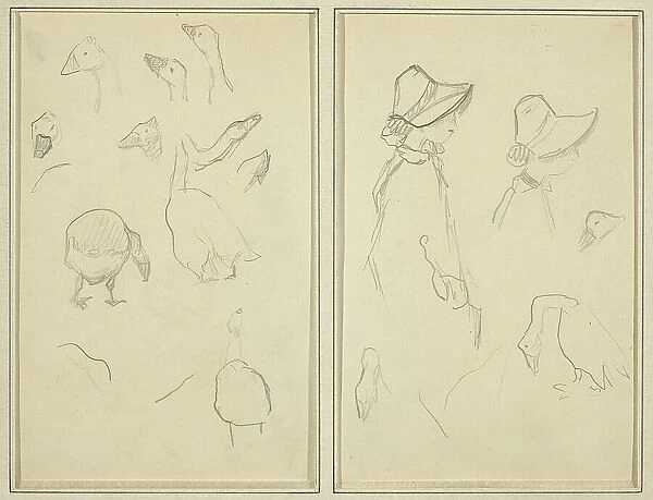 Geese; Girls in Bonnets, Geese [recto], 1884-1888. Creator: Paul Gauguin