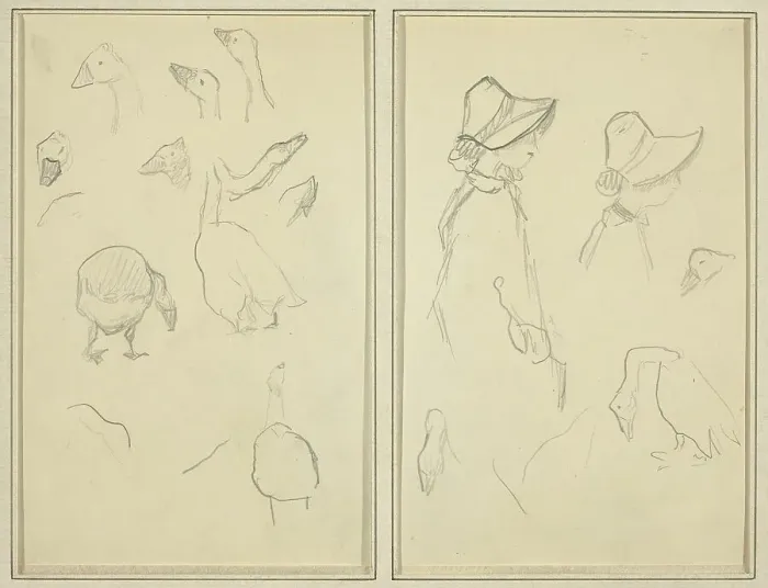 Framed Print : Geese; Girls in Bonnets, Geese [recto], 1884-1888. Creator: Paul Gauguin