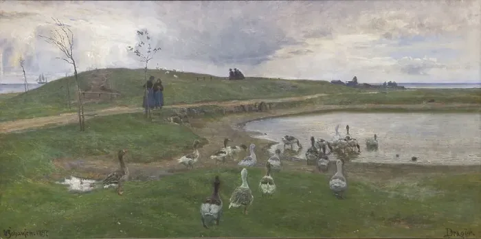 Framed Print : Geese by a lake, unsettled weather, Dragør, 1897. Creator: Viggo Johansen Framed Print : Geese by a lake, unsettled weather, Dragør, 1897. Creator: Viggo Johansen