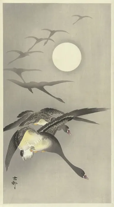 Framed Print : Geese at full moon. Creator: Ohara, Koson (1877-1945) Framed Print : Geese at full moon. Creator: Ohara, Koson (1877-1945)