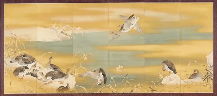 Framed Print : Geese and Reeds in Snow, 1911. Creator: Mochizuki Gyokusen Framed Print : Geese and Reeds in Snow, 1911. Creator: Mochizuki Gyokusen