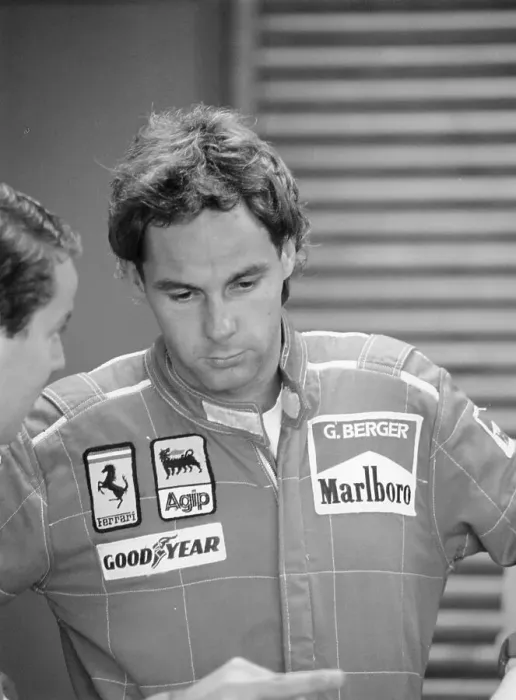 Framed Print : Gehard Berger listening to a member of the Ferrari team, 1988 Framed Print : Gehard Berger listening to a member of the Ferrari team, 1988