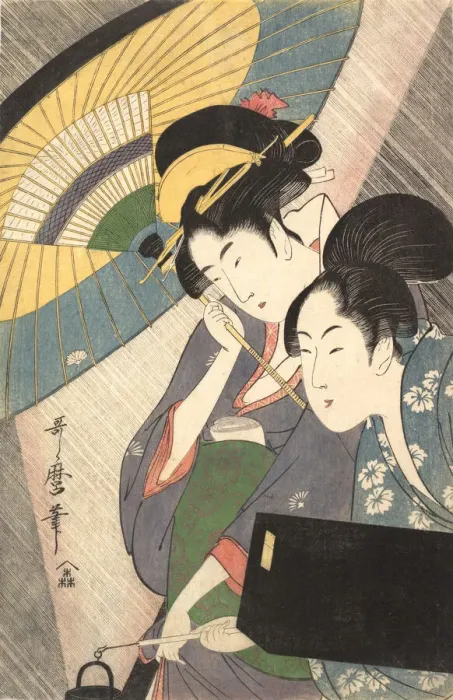 Framed Print : Geisha and Attendant on a Rainy Night, ca. 1797. Creator: Kitagawa Utamaro Framed Print : Geisha and Attendant on a Rainy Night, ca. 1797. Creator: Kitagawa Utamaro