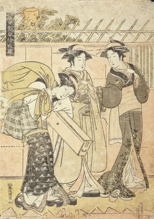 Framed Print : Geisha and Attendants by a Wharf in the Fukagawa district, c1780. Creator: Kitao Masanobu Framed Print : Geisha and Attendants by a Wharf in the Fukagawa district, c1780. Creator: Kitao Masanobu