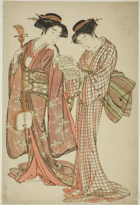 Framed Print : Two Geisha Holding a Shamisen and a Song Book, c. 1777. Creator: Kitao Shigemasa Framed Print : Two Geisha Holding a Shamisen and a Song Book, c. 1777. Creator: Kitao Shigemasa
