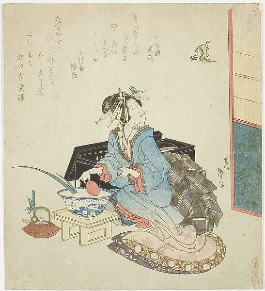 Geisha looking up at a cuckoo, from the series 'Five Annual Festivals for the Katsushika... 1822. Creator: Katsushika Taito. Geisha looking up at a cuckoo, from the series 'Five Annual Festivals for the Katsushika... 1822