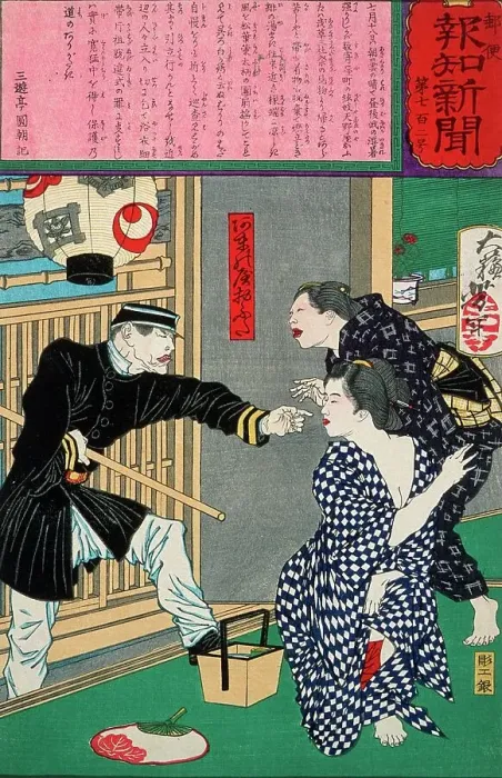 Framed Print : Geisha Ofusa of Amanoya Threatened with Arrest for Indecent Exposure on a Hot Evening, c1875. Creator: Tsukioka Yoshitoshi