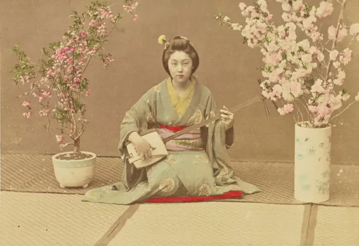 Framed Print : Geisha Playing Samisen, 1897. Creator: Ogawa Kazumasa Framed Print : Geisha Playing Samisen, 1897. Creator: Ogawa Kazumasa