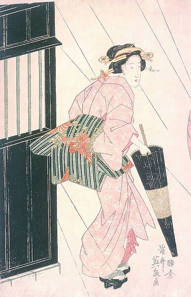Geisha in Rain, 19th century. Creator: Ikeda Eisen