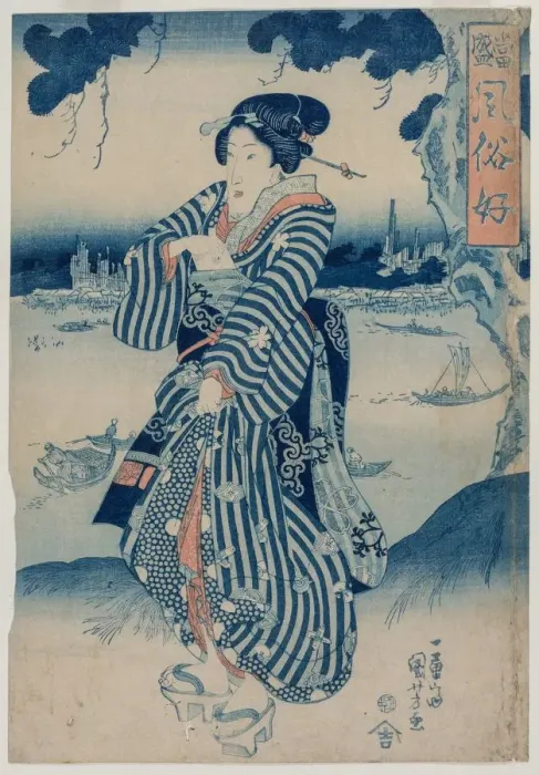 Framed Print : Geisha Standing on the Bank of the Sumida River... early 1830s. Creator: Utagawa Kuniyoshi Framed Print : Geisha Standing on the Bank of the Sumida River... early 1830s. Creator: Utagawa Kuniyoshi