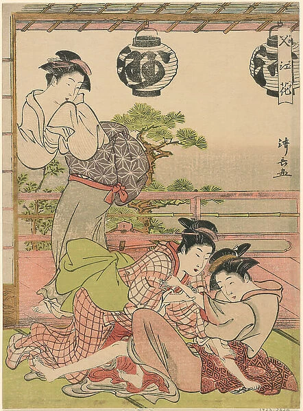 Two Geisha Struggling for a Letter (Fumi no arasoi), from the series 'Flowers of Nakasu... c. 1781. Creator: Torii Kiyonaga. Two Geisha Struggling for a Letter (Fumi no arasoi), from the series 'Flowers of Nakasu... c. 1781