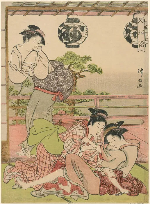 Framed Print : Two Geisha Struggling for a Letter (Fumi no arasoi), from the series Flowers of Nakasu... c. 1781. Creator: Torii Kiyonaga. Two Geisha Struggling for a Letter (Fumi no arasoi), from the series Flowers of Nakasu... c. 1781 Framed Print : Two Geisha Struggling for a Letter (Fumi no arasoi), from the series Flowers of Nakasu... c. 1781. Creator: Torii Kiyonaga. Two Geisha Struggling for a Letter (Fumi no arasoi), from the series Flowers of Nakasu... c. 1781