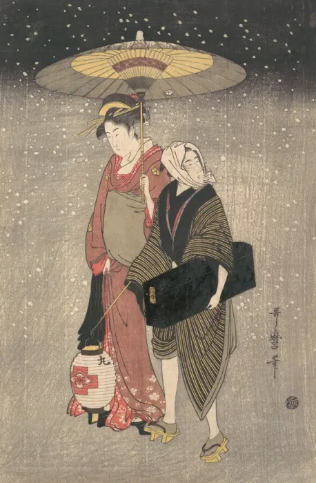 Framed Print : Geisha Walking through the Snow at Night, ca. 1797. Creator: Kitagawa Utamaro Framed Print : Geisha Walking through the Snow at Night, ca. 1797. Creator: Kitagawa Utamaro