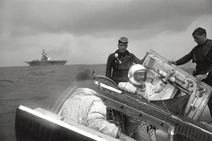 Framed Print : Gemini 9 crew waves to the Wasp, 1966. Creator: NASA Framed Print : Gemini 9 crew waves to the Wasp, 1966. Creator: NASA