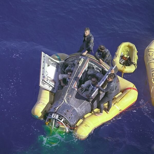Gemini VIII splashdown, Armstrong and Scott with hatches open, March 16, 1966