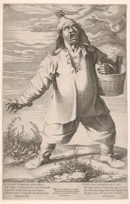 Framed Print : Geminiano Caldarostaro crying out and holding a tub, with a tasseled hat, ca. 1597-1601 Framed Print : Geminiano Caldarostaro crying out and holding a tub, with a tasseled hat, ca. 1597-1601