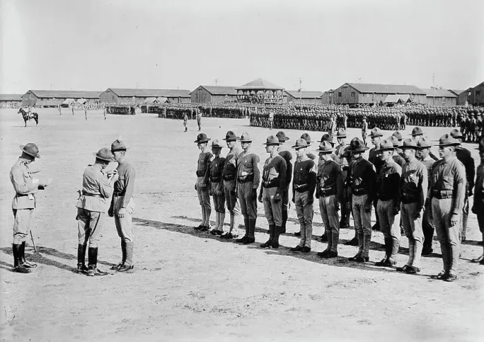 Framed Print : Gen. Cole decorating marines, Parris Island, S.C. 10 June 1918. Creator: Bain News Service Framed Print : Gen. Cole decorating marines, Parris Island, S.C. 10 June 1918. Creator: Bain News Service