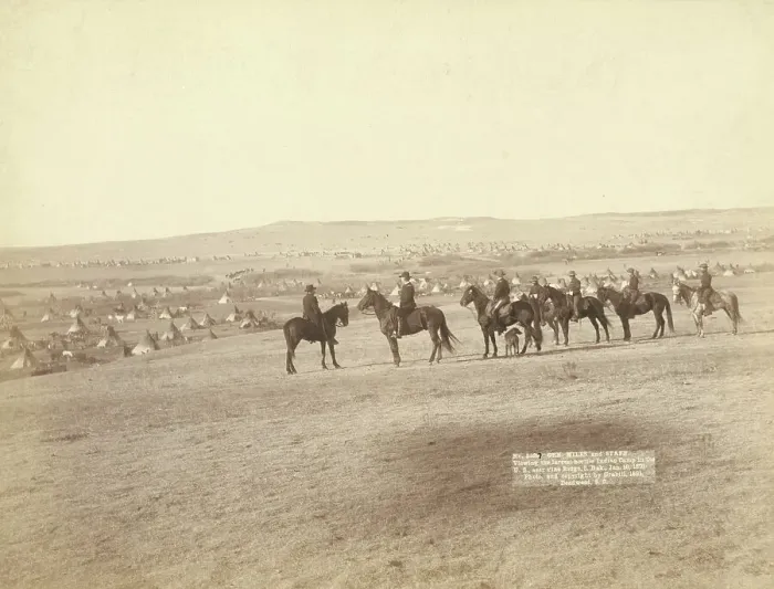Framed Print : Gen Miles and staff viewing the largest hostile Indian Camp in the US, near Pine... c1891. Creator: John C. H. Grabill Framed Print : Gen Miles and staff viewing the largest hostile Indian Camp in the US, near Pine... c1891. Creator: John C. H. Grabill