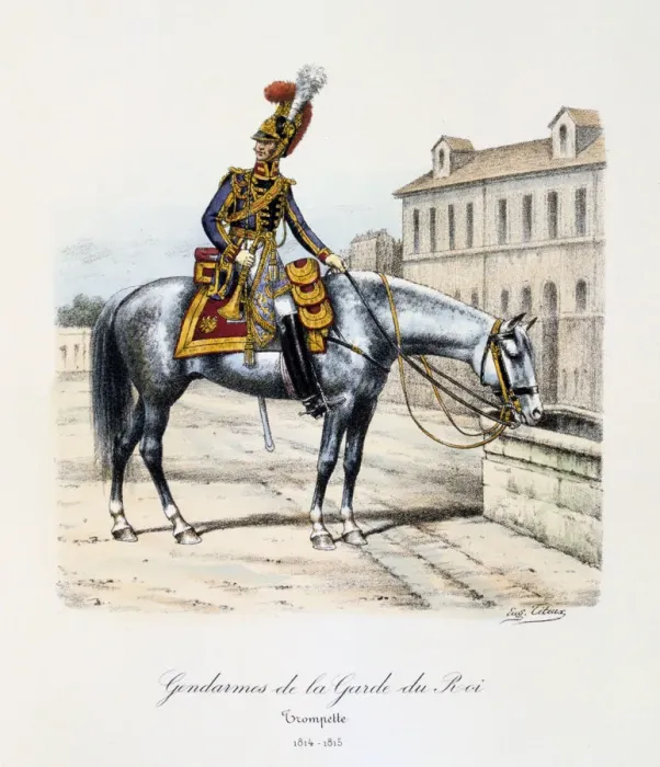 Framed Print : Gendarmes de la Garde du Roi, Trumpeter, 1814-15. Artist: Eugene Titeux Framed Print : Gendarmes de la Garde du Roi, Trumpeter, 1814-15. Artist: Eugene Titeux