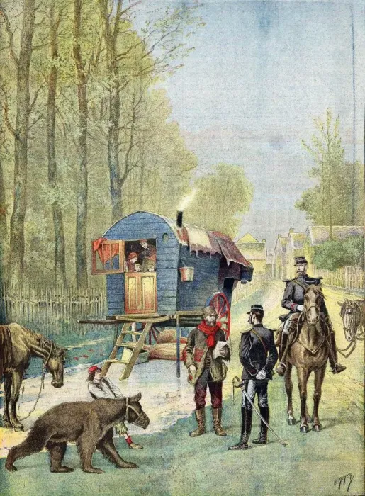 Framed Print : Gendarmes taking census forms to an encampment of itinerant gipsies in their caravan, 1895 Framed Print : Gendarmes taking census forms to an encampment of itinerant gipsies in their caravan, 1895