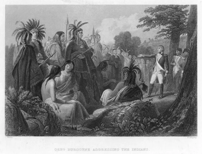 Framed Print : General Burgoyne Addressing the Indians, c18th century. Artist: H Warren Framed Print : General Burgoyne Addressing the Indians, c18th century. Artist: H Warren