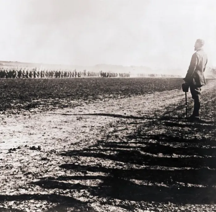 Framed Print : General Henri Gouraud surveying field of troops, c1914-c1918 Framed Print : General Henri Gouraud surveying field of troops, c1914-c1918