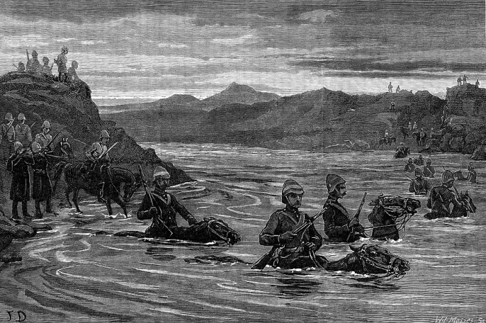 Framed Print : General Sir Evelyn Wood reconnoitring with the 15th Hussars across the Buffalo River, 1881. Creator: W. I. Mosses Framed Print : General Sir Evelyn Wood reconnoitring with the 15th Hussars across the Buffalo River, 1881. Creator: W. I. Mosses