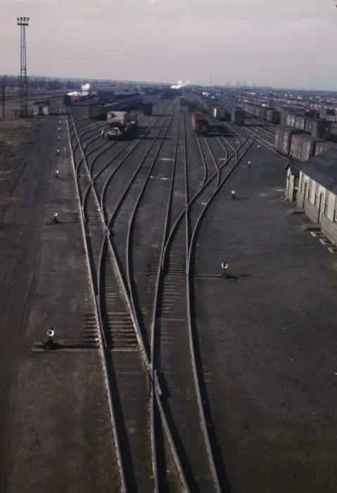 Framed Print : General view of one of the Chicago and North Western railroad classification yards, Chicago, 1942. Creator: Jack Delano Framed Print : General view of one of the Chicago and North Western railroad classification yards, Chicago, 1942. Creator: Jack Delano