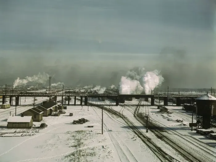 Framed Print : A general view of a classification yard at C & NW RRs Proviso yard, Chicago, Ill. 1942. Creator: Jack Delano Framed Print : A general view of a classification yard at C & NW RRs Proviso yard, Chicago, Ill. 1942. Creator: Jack Delano
