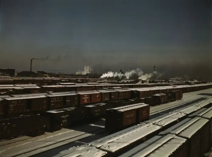 Framed Print : General view of a classification yard at C & NW RRs Proviso (?) yard, Chicago, Ill. 1942. Creator: Jack Delano Framed Print : General view of a classification yard at C & NW RRs Proviso (?) yard, Chicago, Ill. 1942. Creator: Jack Delano