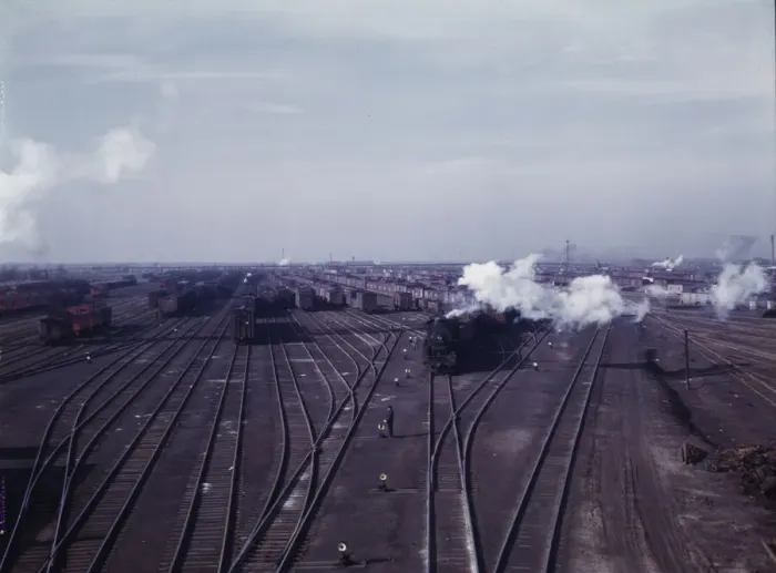 Framed Print : A general view of a classification yard at C & NW RRs Proviso(?) yard, Chicago, Ill. 1942. Creator: Jack Delano Framed Print : A general view of a classification yard at C & NW RRs Proviso(?) yard, Chicago, Ill. 1942. Creator: Jack Delano