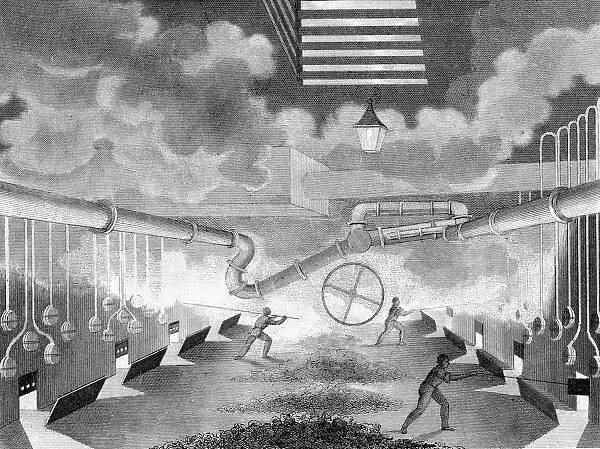 General view of a gas works, showing retorts being charged, 1835. Artist: Charles Partington