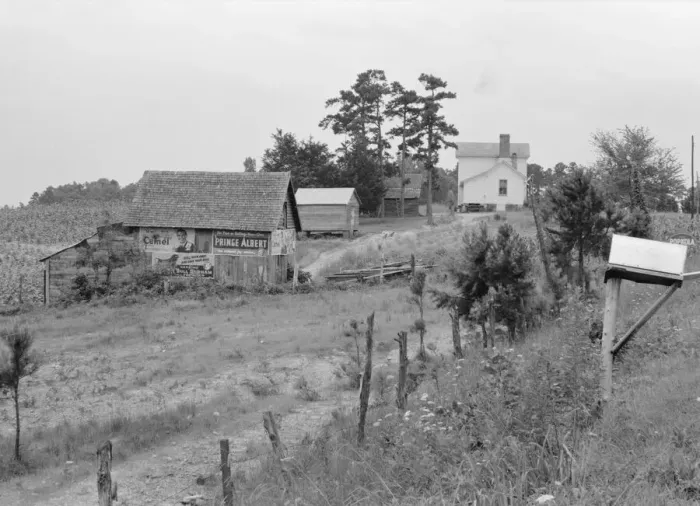 Framed Print : General view of a hillside farm which faces the road... Person County, North Carolina, 1939. Creator: Dorothea Lange Framed Print : General view of a hillside farm which faces the road... Person County, North Carolina, 1939. Creator: Dorothea Lange