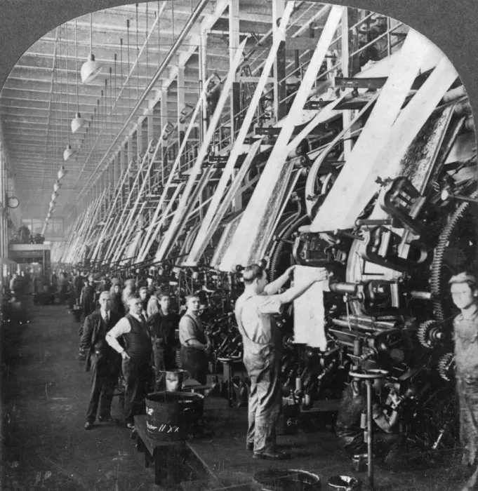Framed Print : General view of a large printing room in a cotton mill, Lawrence, Massachusetts, USA, 20th century. Artist: Keystone View Company Framed Print : General view of a large printing room in a cotton mill, Lawrence, Massachusetts, USA, 20th century. Artist: Keystone View Company