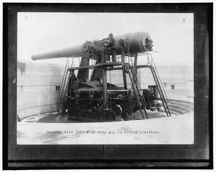 Framed Print : General view left side with gun in firing position, between 1910 and 1920. Creator: Harris & Ewing. General view left side with gun in firing position, between 1910 and 1920. Creator: Harris & Ewing
