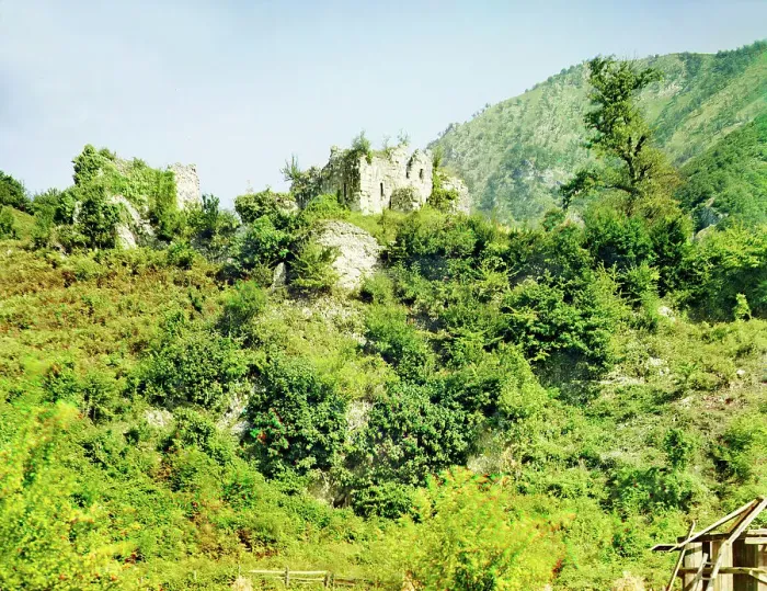 Framed Print : General view of the ruins of a castle near the Bzyb River, from the highway, between 1905 and 1915. Creator: Sergey Mikhaylovich Prokudin-Gorsky Framed Print : General view of the ruins of a castle near the Bzyb River, from the highway, between 1905 and 1915. Creator: Sergey Mikhaylovich Prokudin-Gorsky