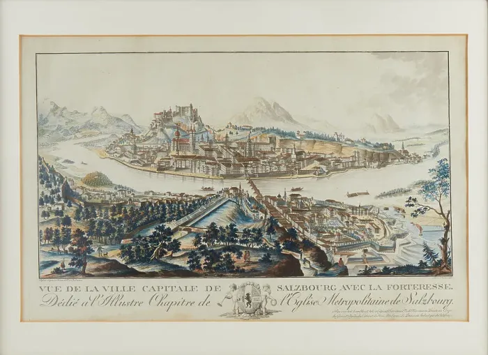 Framed Print : General view over the Salzach to Salzburg with the Hohensalzburg Fortress, c.1790. Creator: Amon, Anton (1761-1798) Framed Print : General view over the Salzach to Salzburg with the Hohensalzburg Fortress, c.1790. Creator: Amon, Anton (1761-1798)