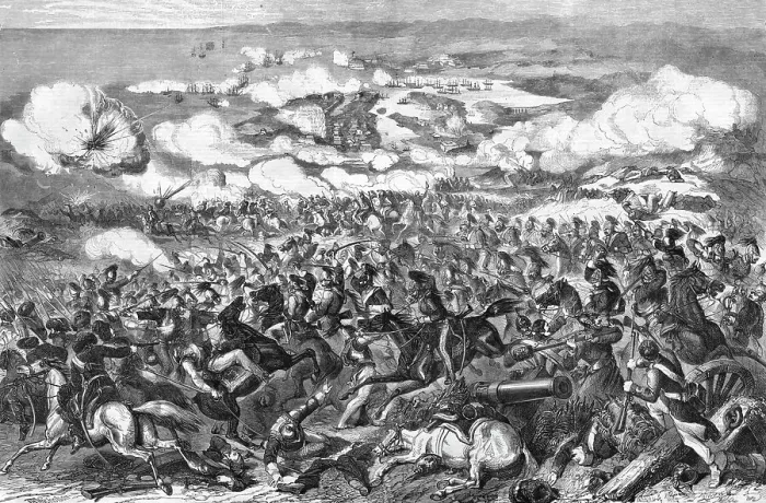 Framed Print : General view of the Siege of Sebastopol: Grand Charge of the British Cavalry and Defeat... 1854. Creator: Unknown Framed Print : General view of the Siege of Sebastopol: Grand Charge of the British Cavalry and Defeat... 1854. Creator: Unknown