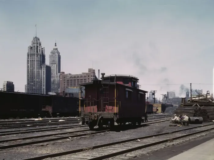 Framed Print : General view of part of the south Water street freight... Illinois Central Railroad, Chicago, 1943. Creator: Jack Delano Framed Print : General view of part of the south Water street freight... Illinois Central Railroad, Chicago, 1943. Creator: Jack Delano