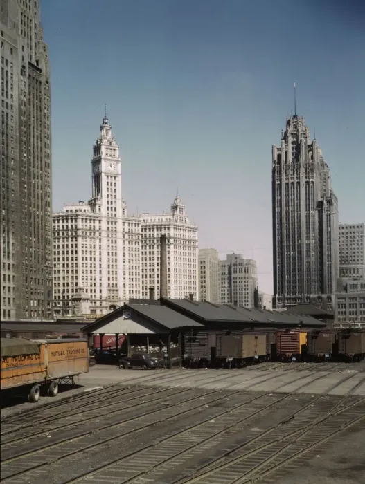 Framed Print : General view of part of the South Water Street Illinois Central Railroad... Chicago, Ill. 1943. Creator: Jack Delano Framed Print : General view of part of the South Water Street Illinois Central Railroad... Chicago, Ill. 1943. Creator: Jack Delano