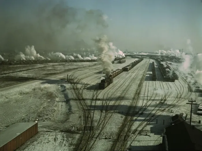 Framed Print : General view of one of the yards of the Chicago and North Western railroad, Chicago, Ill. 1942. Creator: Jack Delano Framed Print : General view of one of the yards of the Chicago and North Western railroad, Chicago, Ill. 1942. Creator: Jack Delano