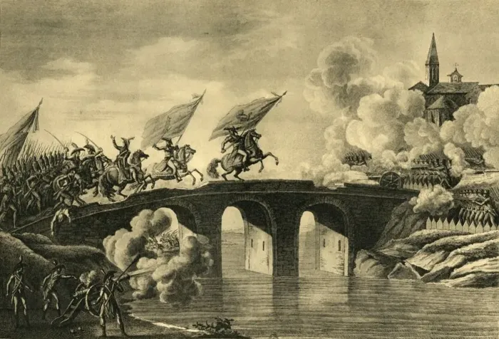 Framed Print : Generals Bonaparte and Augereau storm the bridge at Arcola, November 1796, (1921) Framed Print : Generals Bonaparte and Augereau storm the bridge at Arcola, November 1796, (1921)