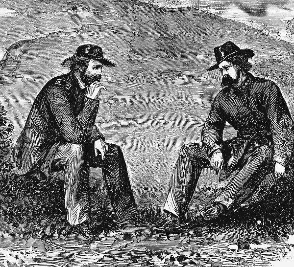 Generals Grant and Pemberton negotiating the surrender of Vicksburg, American Civil War, 1863