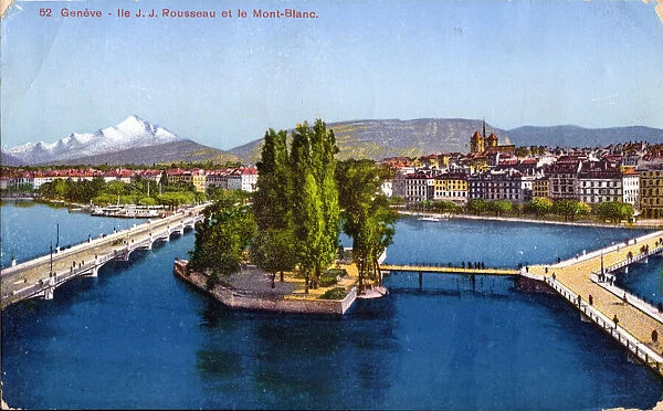 Geneva - Ile Rousseau and Mont-Blanc, 1935. Creator: Unknown