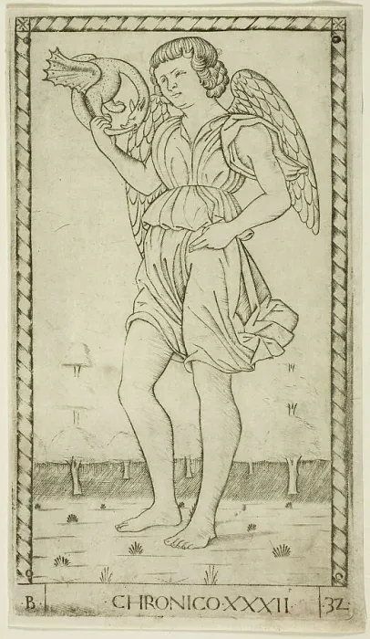 Framed Print : Genius of Time, plate 32 from Genii and Virtues, c.1465. Creator: Unknown Framed Print : Genius of Time, plate 32 from Genii and Virtues, c.1465. Creator: Unknown