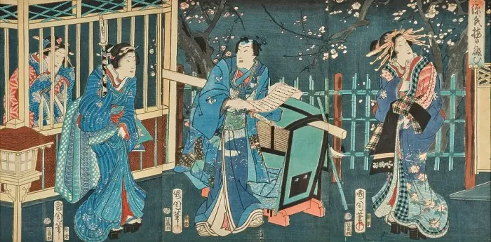 Framed Print : Genji sakura no nigiwai hi (The Expulsion of the Genji Cherry Blossoms), 1866. Creator: Kunichika, Toyohara (1835-1900)