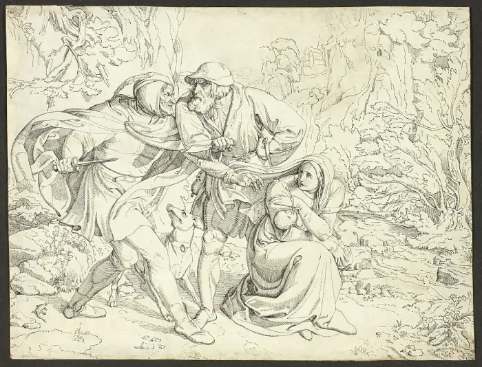 Framed Print : Genoveva's Murderers Take Pity, c. 1830. Creator: Joseph Ritter von Führich Framed Print : Genoveva's Murderers Take Pity, c. 1830. Creator: Joseph Ritter von Führich