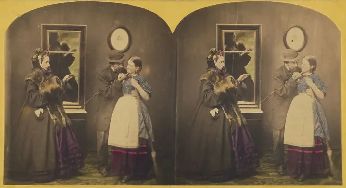 Framed Print : Genre: man touching woman under the chin, another woman observing, about 1860. Creator: Unknown